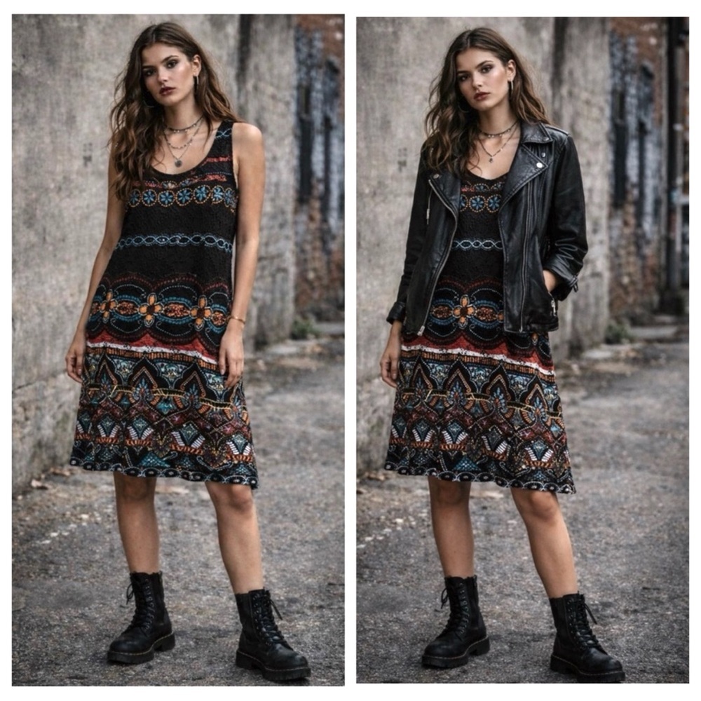 💗 Vintage Ronni Nicole Paisley Knit Dress Boho Indie Sleaze Y2K Midi Size Medium
